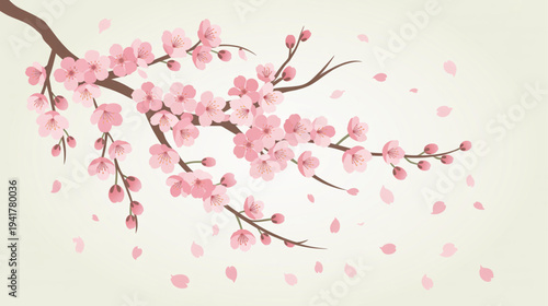Vector cherry blossom branch with pink flowers and petals