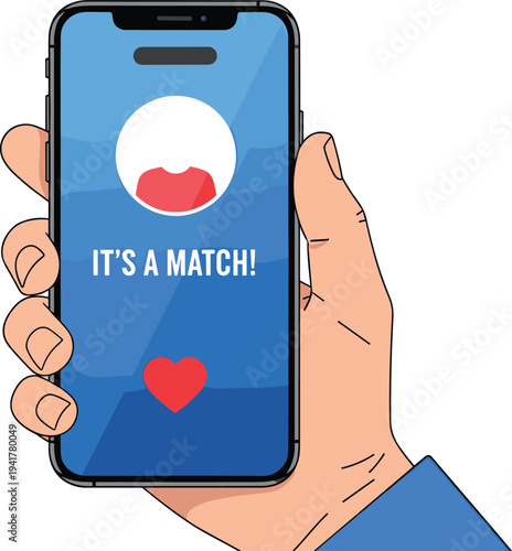 Hand holding a smartphone displaying a successful romantic match notification with a red heart icon for online dating concepts