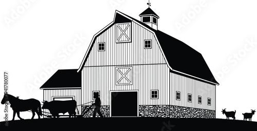 Black and white silhouette illustration of a traditional wooden barn with a farmer plowing a field using a horse and ox near goats.