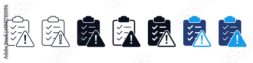Checklist warning icon set. Clipboard with a triangle warning sign showing task alert, errors, problem notification, critical business notices and risk management concept in outline, glyph and colored