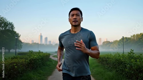 Asian man jogging on a park path at sunrise with city skyline in the background.
