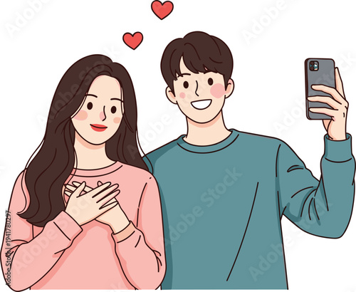 Happy young man and woman smiling while taking a selfie on a smartphone with small red hearts for love and relationship concepts