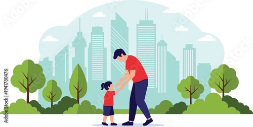 Flat vector illustration of a father holding hands with his young daughter in a lush green city park with a modern skyscraper skyline