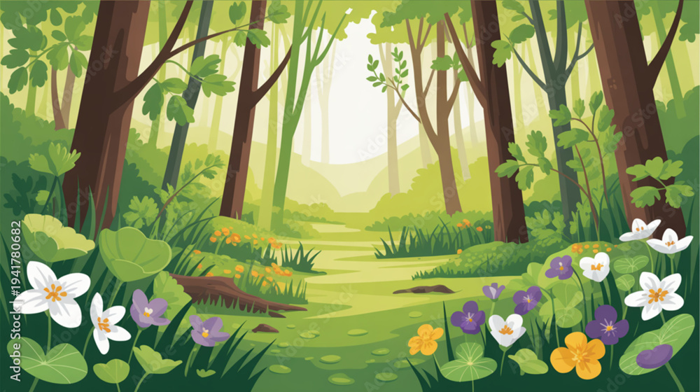 Fototapeta premium Vector forest landscape with trees, flowers and path
