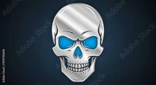 Metallic silver skull with glowing blue eyes on transparent background