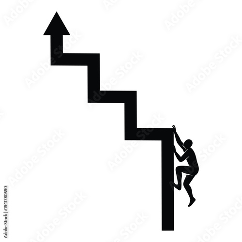 Concept of overcoming obstacles and career growth with man climbing a rising arrow staircase