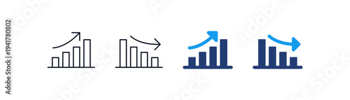 Business growth and decline chart icon or declining decreasing graph icon, Set of bar chart icons with upward downward arrows. for financial performance, growth, market loss, analytics, data statistic
