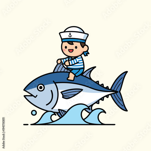 A cartoon sailor boy rides a fish through ocean waves. The illustration features a blue and white striped shirt, and smiling face