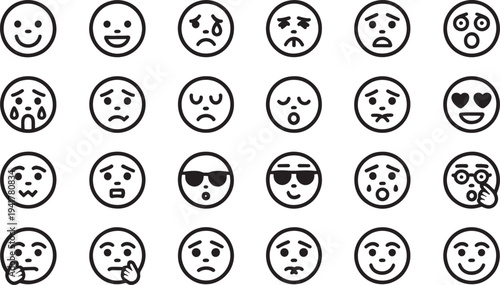 Collection of black and white emoji faces showing various expressions and emotions