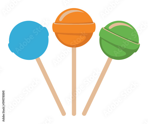 Three colorful lollipops on sticks, blue, orange, and green
