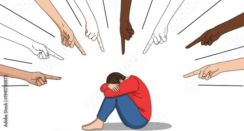 Illustration of a person sitting on the ground with their head down while multiple diverse hands point at them for bullying and social pressure concepts