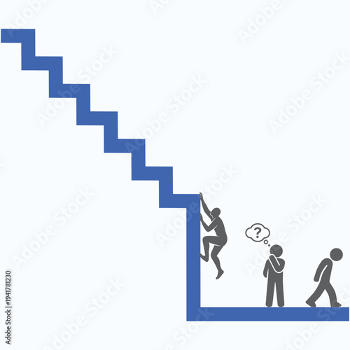 Overcoming barriers and career growth challenge concept. Difficulty climbing stairs to success.