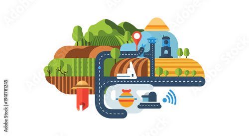 Smart Agriculture Map: IoT Technology, Precision Farming, and Digital Rural Landscape with GPS Navigation and Modern Agricultural Infrastructure Illustration.