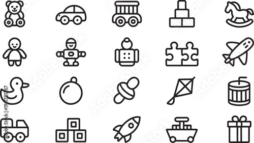 Collection of black and white line of various children toys and line children toys