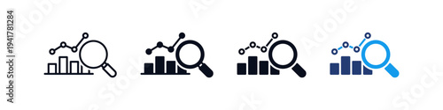 Search Data analytics icon set with bar charts, magnifying glass and trend line representing business data analysis, statistics and market research.