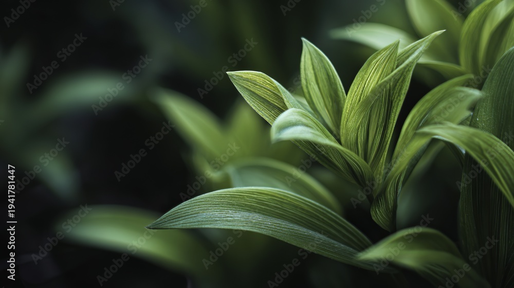 Obraz premium Plant's soft leaves show texture. Natural shapes flow. Bright green. Focused edges, blurry background create a dark mood.