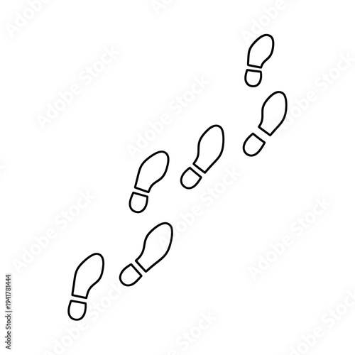 detailed illustration of stylized black outline shoe footprint trail, presented as a clean hand-drawn doodle, isolated on a stark white seamless background, direct overhead view, symbolizing progress
