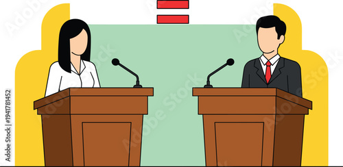 Man and woman speakers standing at wooden podiums with microphones for a public debate political campaign or corporate presentation illustration