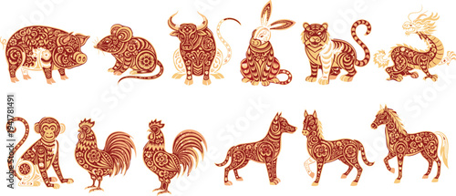 Chinese Zodiac Animals Vector Set Featuring Ornate Floral Patterns Including Rat Ox Tiger Rabbit Dragon Snake Horse Goat Monkey Rooster Dog And Pig Illustration