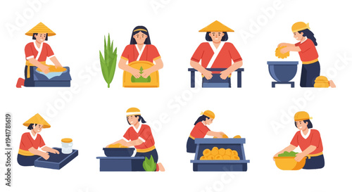 Traditional Asian Farming & Food Processing Vector Set. Female Laborers Sorting Rice, Tea, and Agricultural Produce Icons.