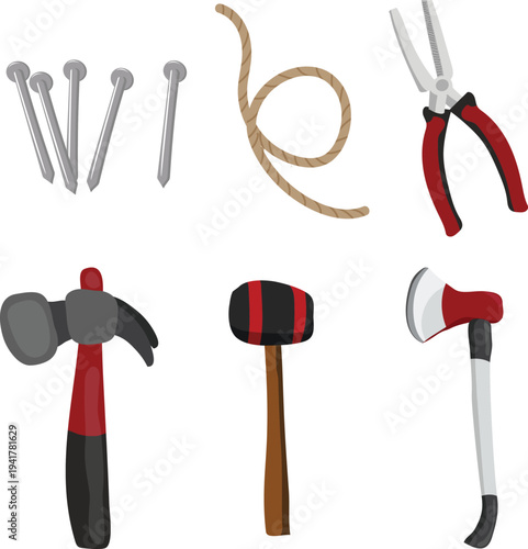 Durable steel hammer set with various handle grip designs vector