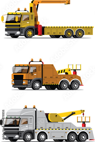 Industrial towing truck set for car recovery and transport vector