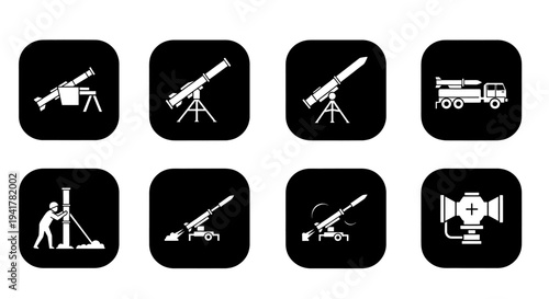 Rocket launch vehicles and missile launcher systems aerospace technology glyph icon set radar satellite and space launch vector icons