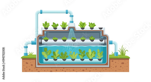 Flat Illustration of Hydroponic Vertical Farming System. Sustainable Agriculture and Modern Indoor Crop Growth Diagram.