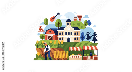 Vibrant Rural Community Festival Illustration: Flat Design of Farm, Market, Farmer, Historic Building, and Cultural Celebration.