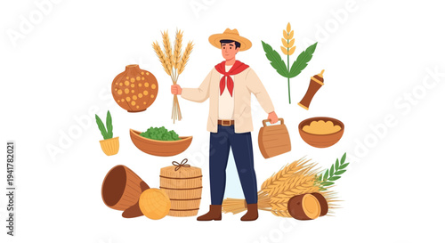 Agriculture and Harvest Vector Illustration. Happy Farmer Character with Wheat Grains and Rustic Farm Products.