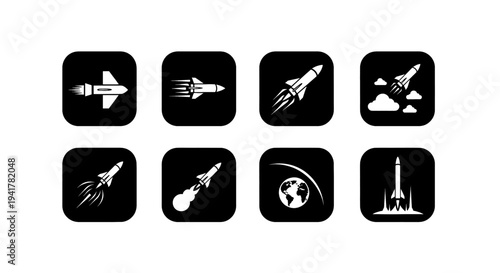 Rocket launcher vehicles and aerospace missile launch systems glyph icon set radar satellite space technology vector icons