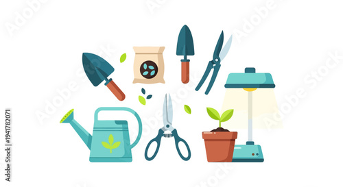 Essential Home Gardening Tools Set - Flat Vector Illustration of Shovel, Watering Can, Seedling, and Grow Light.