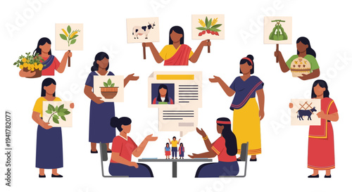 Indian Rural Women Discussing Agriculture, Financial Policy, and Empowerment Initiatives Vector Illustration.