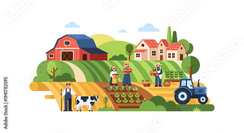 Farm Life and Agriculture Vector: Farmers harvesting organic crops near a red barn, houses, tractor, and cow on a sustainable rural landscape.