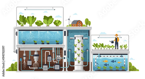 Modern Sustainable Smart Farming System Diagram: Hydroponics, Vertical Garden, and Aquaponics Technology Illustration