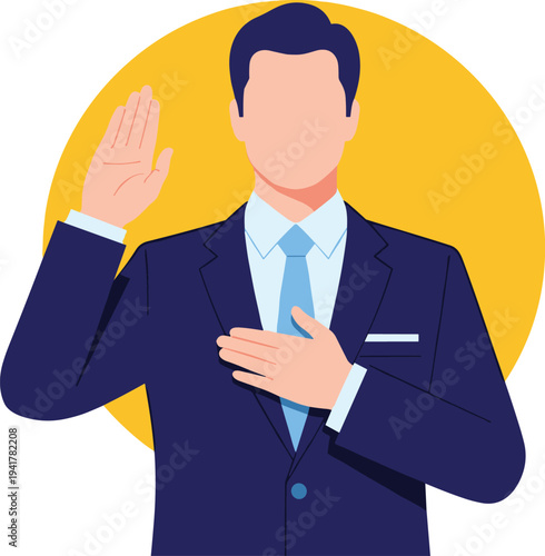 Businessman in a blue suit raising his right hand and placing his left hand on his chest for a solemn oath or promise