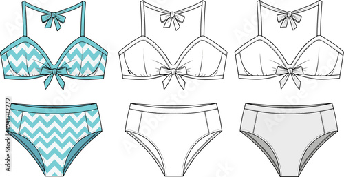 Women Bikini Swimsuit Technical Flat Sketch Template Halter Neck Top High Waisted Bottom CAD Drawing Fashion Design Vector Illustration Manufacturing