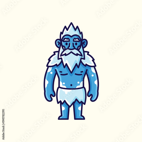 A cartoon image of a blue, furry, humanoid character with a white beard and icy hair. He wears a loincloth