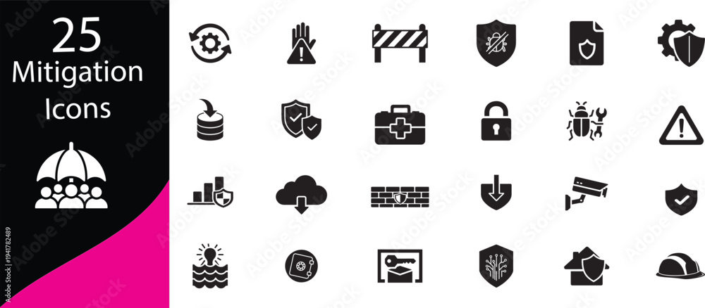 Fototapeta premium A collection of twenty five black mitigation icons displayed against a white and pink gradient background high quality professional detailed modern elegant stylish