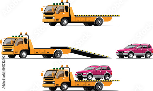 Various colored tow trucks for logistics and roadside help vector