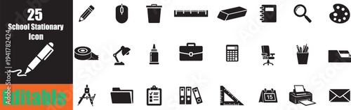 A collection of black icons representing various school and office stationery items arranged in a grid pattern high quality professional detailed modern elegant