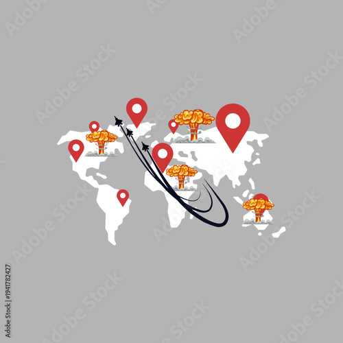 World war 3, Flat vector illustration of a globe with nuclear explosions and ballistic missiles, representing global crisis and destruction.
