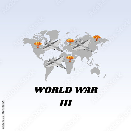 World war 3, Flat vector illustration of a globe with nuclear explosions and ballistic missiles, representing global crisis and destruction.
