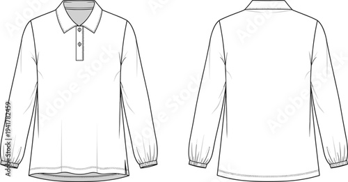 Long Sleeve Polo Shirt Technical Flat Sketch Template Front And Back View Mockup CAD Drawing Fashion Design Vector Illustration Manufacturing
