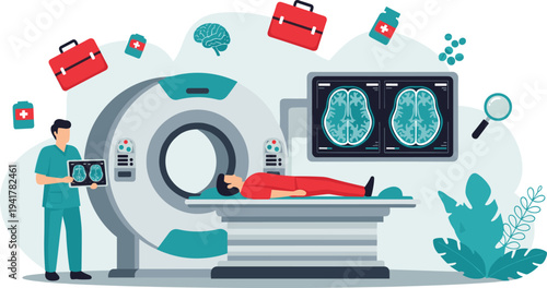 Medical professional performing a CT scan or MRI diagnostic on a patient with brain imaging results displayed on monitors