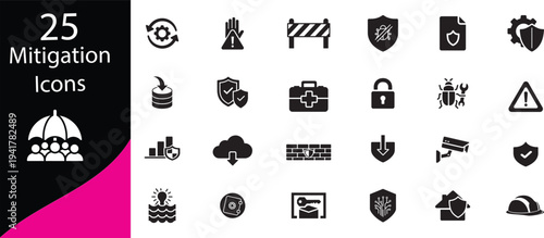 A collection of twenty five black mitigation icons displayed against a white and pink gradient background high quality professional detailed modern elegant stylish