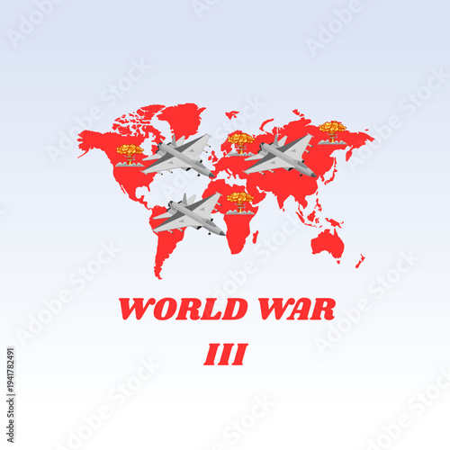 World war 3, Flat vector illustration of a globe with nuclear explosions and ballistic missiles, representing global crisis and destruction.
