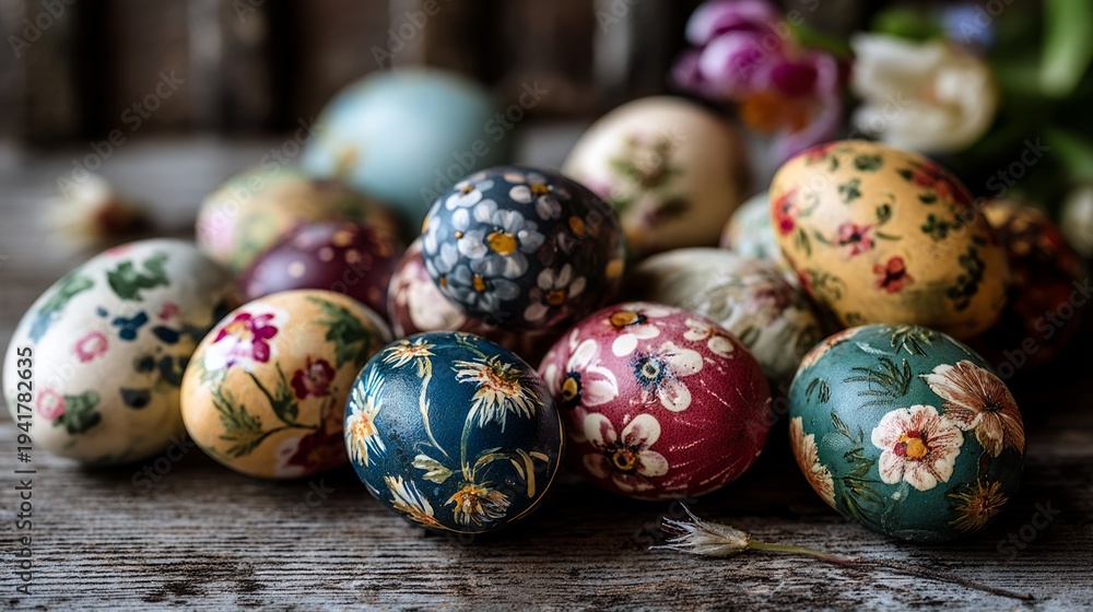 Fototapeta premium Handpainted Decorative Eggs in a Rustic Setting with Floral Designs