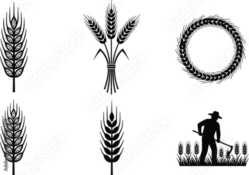 Black wheat silhouettes including ears, bundles, wreath, farmer with sickle, agricultural vector illustration symbolizing farming, harvest, and nature