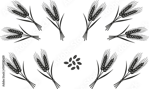 Black wheat stalk bundles and grain kernels arranged in circular pattern, agricultural vector illustration symbolizing harvest, farming, food production